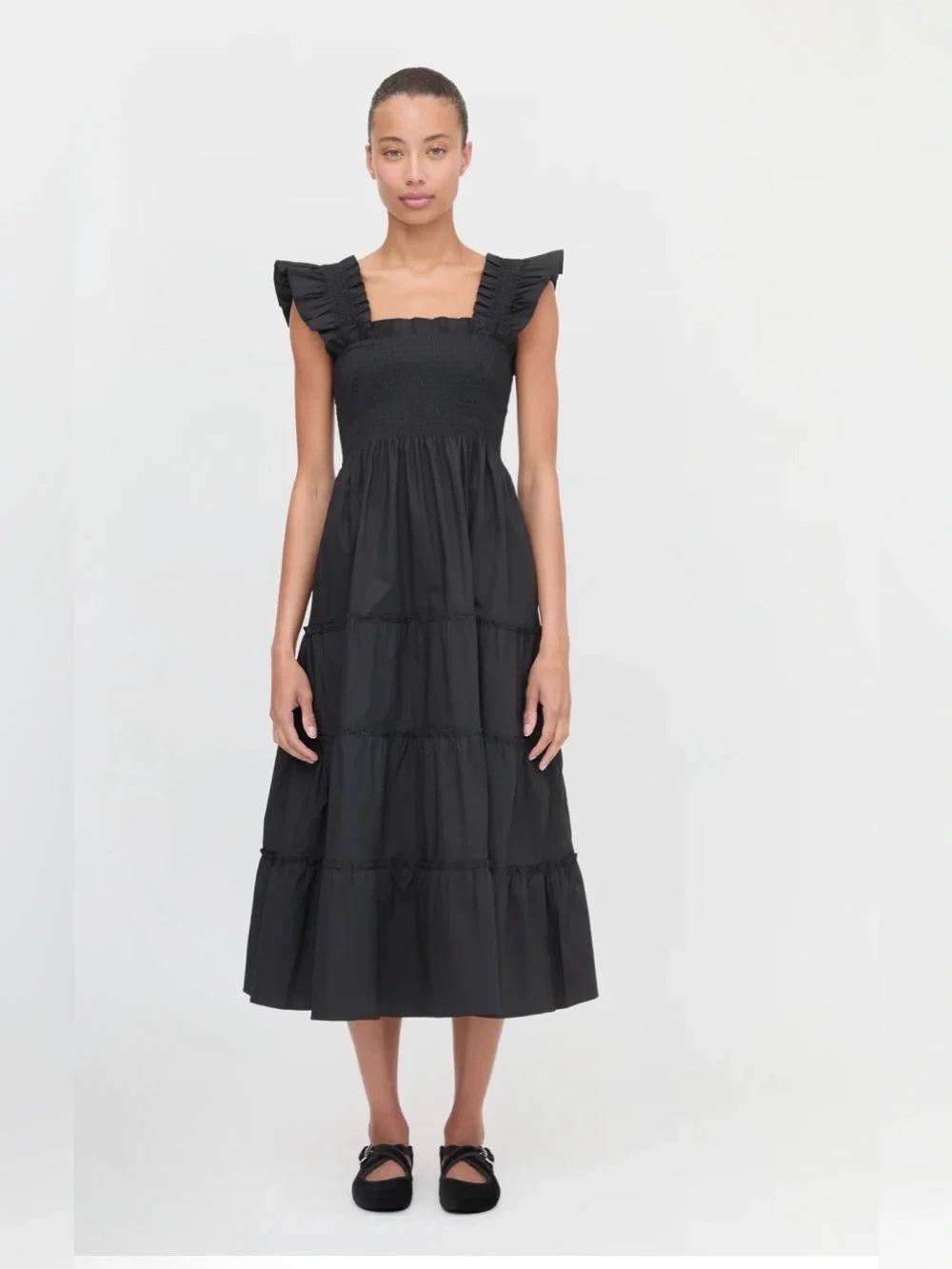Hill House Home The Nap Dress Black Smocked Ruffle Midi Medium